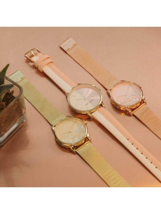 Nine West Women\'s All Gold Analog Quartz Floral Dial Mesh Round Bracelet Watch